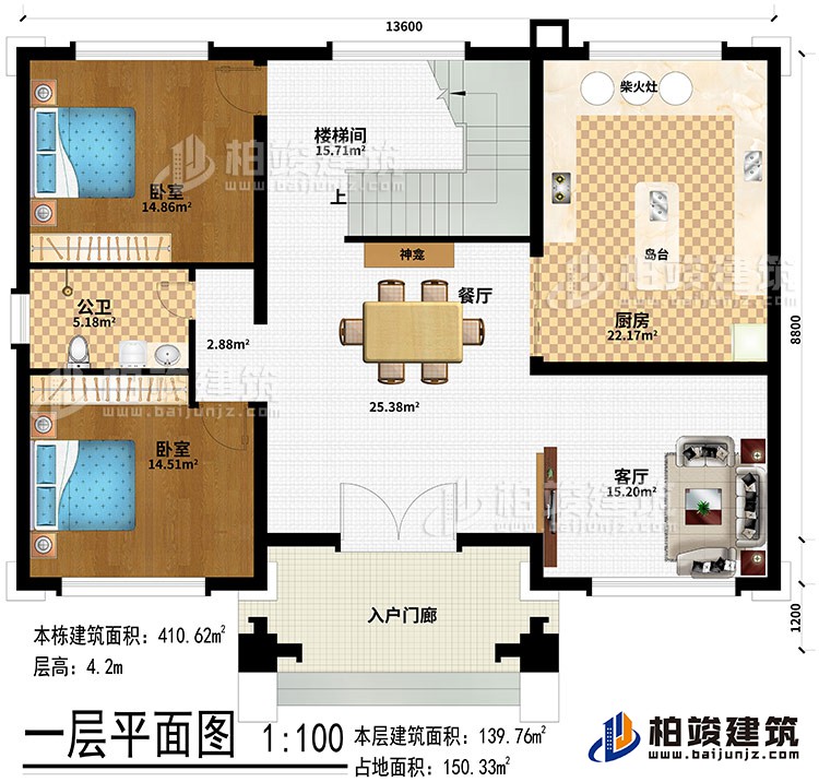 一層：入戶門廊、客廳、餐廳、廚房、神龕、島臺(tái)、柴火灶、樓梯間、公衛(wèi)、2臥室
