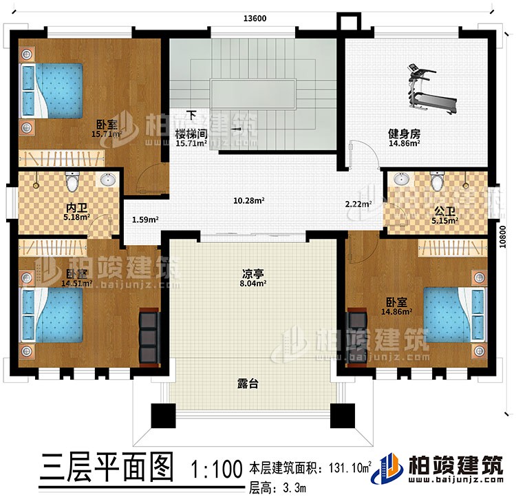 三層：樓梯間、健身房、3臥室、公衛(wèi)、內(nèi)衛(wèi)、涼亭、露臺(tái)