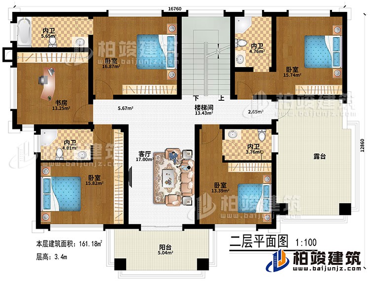 二層：客廳、樓梯間、4臥室、4內(nèi)衛(wèi)、書房、陽臺(tái)、露臺(tái)