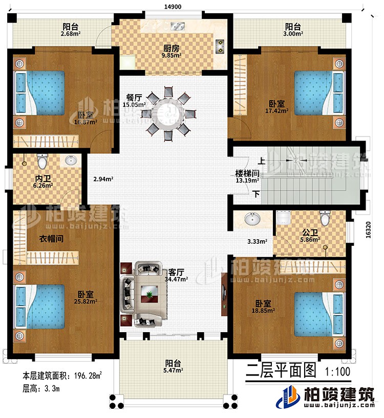 二層：客廳、樓梯間、餐廳、廚房、4臥室、衣帽間、公衛(wèi)、內(nèi)衛(wèi)、3陽臺(tái)