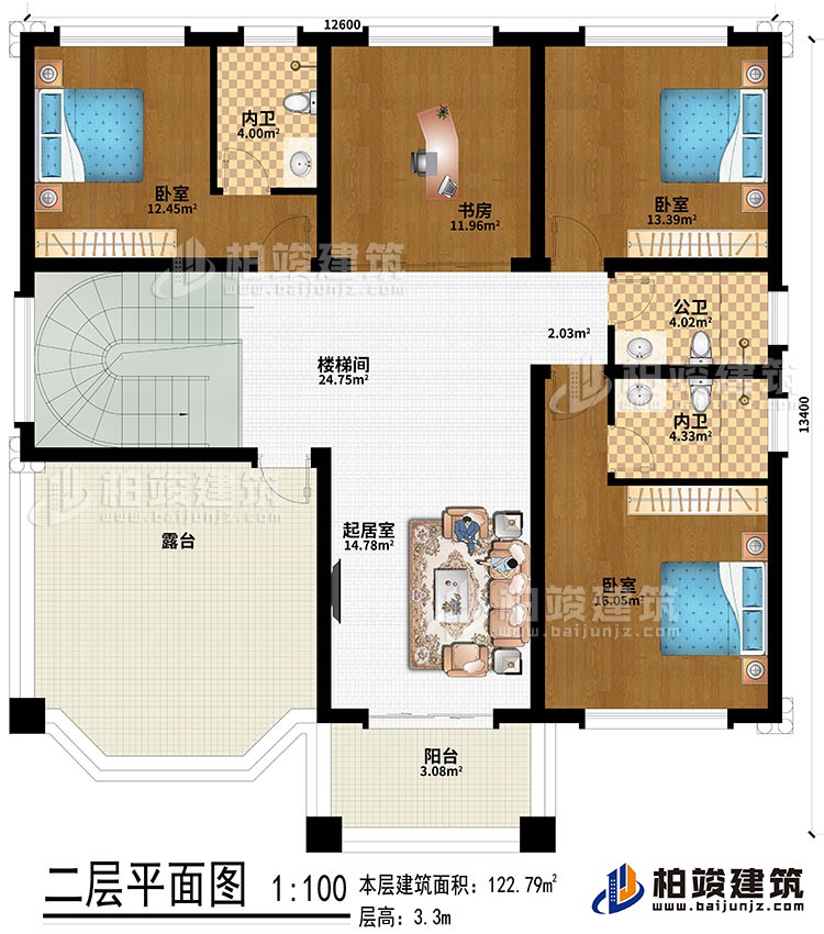 二層：樓梯間、起居室、3臥室、書房、2內(nèi)衛(wèi)、公衛(wèi)、露臺(tái)、陽(yáng)臺(tái)