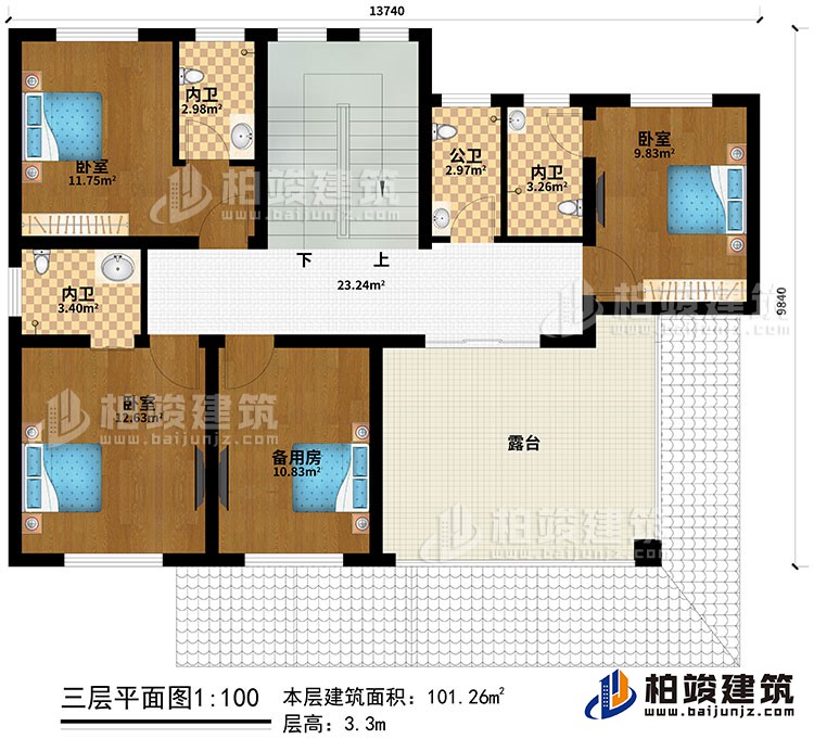 三層：3臥室、備用房、３內(nèi)衛(wèi)、公衛(wèi)、露臺(tái)
