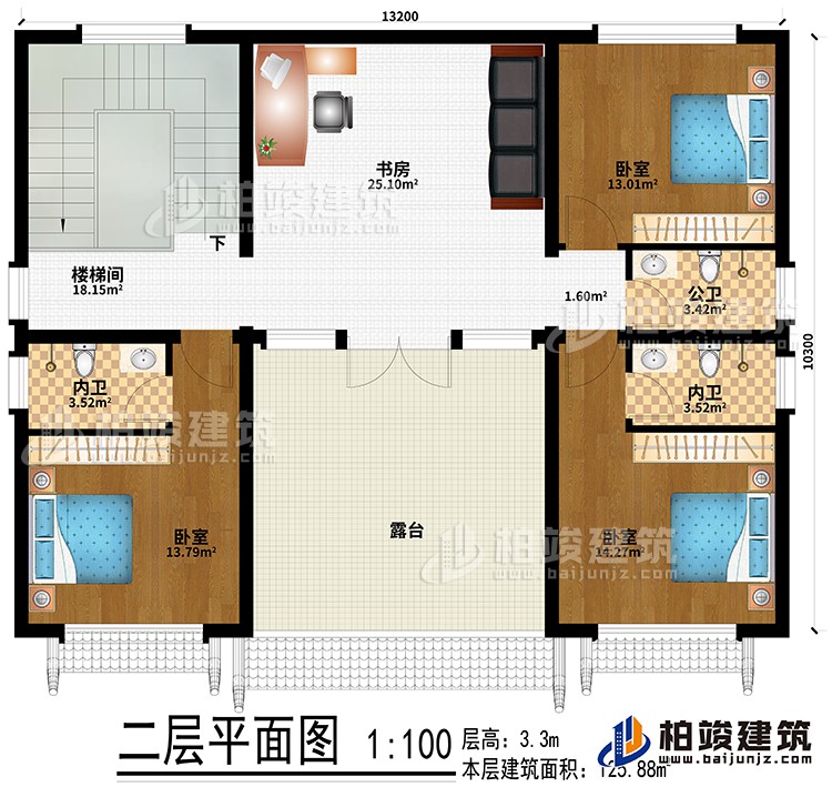 二層：書房、樓梯間、3臥室、公衛(wèi)、2內(nèi)衛(wèi)、露臺