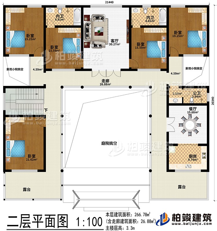 二層：客廳、餐廳、廚房、5臥室、2內(nèi)衛(wèi)、公衛(wèi)、2露臺(tái)、庭院挑空、2景觀小院挑空