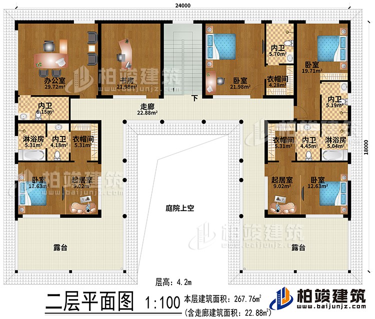 二層：辦公室、書房、2起居室、3衣帽間、4臥室、2淋浴房、5內(nèi)衛(wèi)、走廊、2露臺(tái)、庭院上空