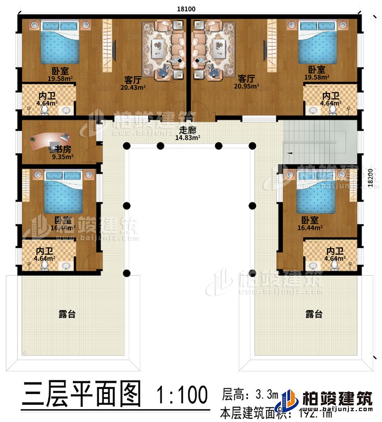 三層：2客廳、4臥室、書(shū)房、走廊、2露臺(tái)、4內(nèi)衛(wèi)