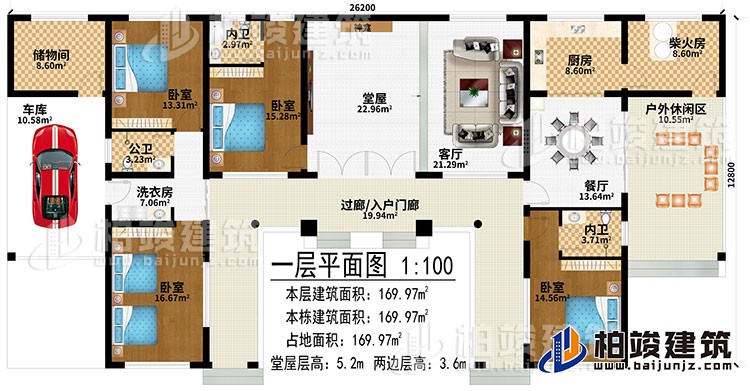 一層：過廊/入戶門廊、堂屋、神龕、客廳、餐廳、廚房、柴火房、戶外休閑區(qū)、儲(chǔ)物間、車庫、洗衣房、4臥室、2內(nèi)衛(wèi)、公衛(wèi)