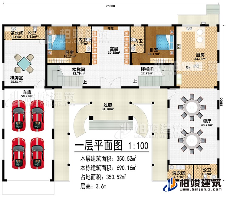 一層：過(guò)廊、堂屋、神龕、2樓梯間、廚房、餐廳、棋牌室、車(chē)庫(kù)、茶水間、2公衛(wèi)、洗衣房、2臥室、2內(nèi)衛(wèi)