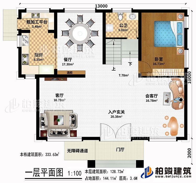 一層：門廳、無障礙通道、酒柜、入戶玄關(guān)、會客廳、客廳、廚房、餐廳、粗加工平臺、臥室、公衛(wèi)