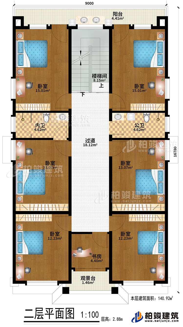 二層：6臥室、過道、樓梯間、書房、觀景臺、公衛(wèi)、內(nèi)衛(wèi)、陽臺