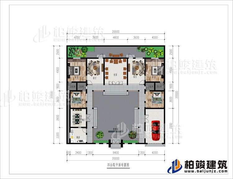 一層：影壁墻、車庫、廚房、餐廳、4臥室、4內(nèi)衛(wèi)、2客廳、堂屋、后花園