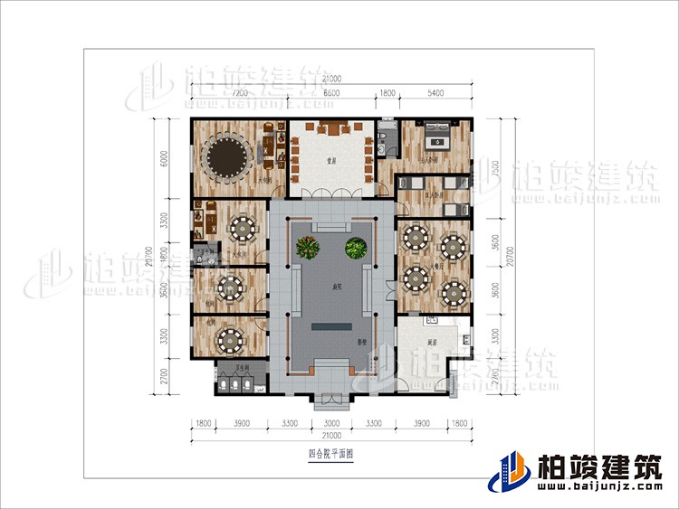 一層：大餐廳、2包間、2大餐廳、2內(nèi)衛(wèi)、堂屋、臥室、工人臥室、公衛(wèi)、庭院、影壁墻