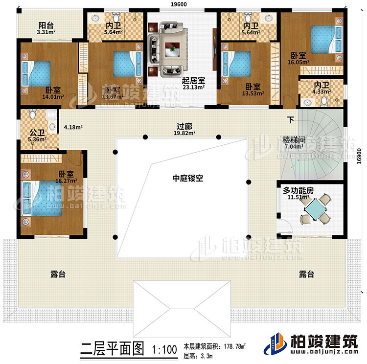 二層：起居室、中庭、過(guò)廊、樓梯間、5臥室、公衛(wèi)、3內(nèi)衛(wèi)、2露臺(tái)、陽(yáng)臺(tái)、多功能房