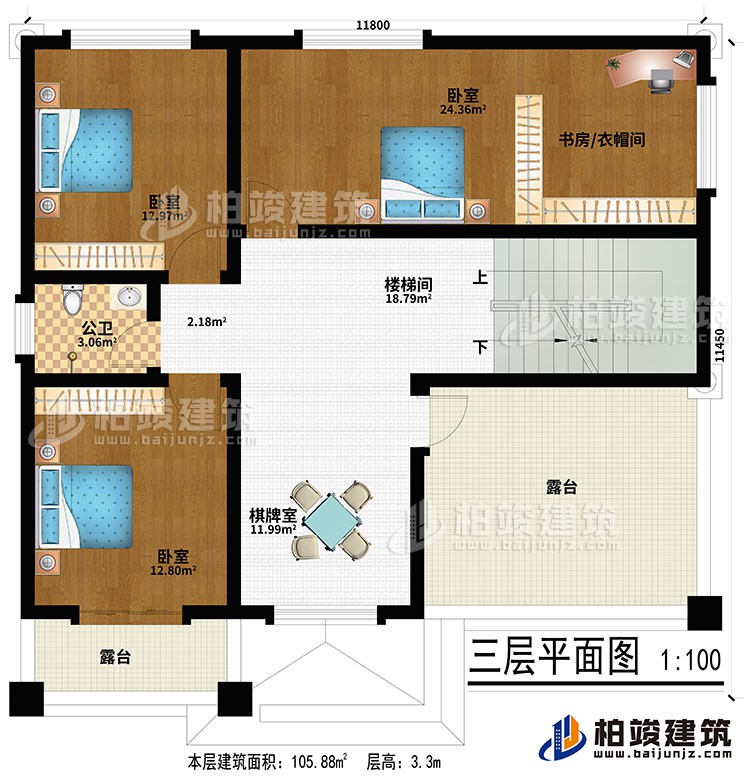三層：棋牌室、樓梯間、3臥室、書房/衣帽間、公衛(wèi)、2露臺