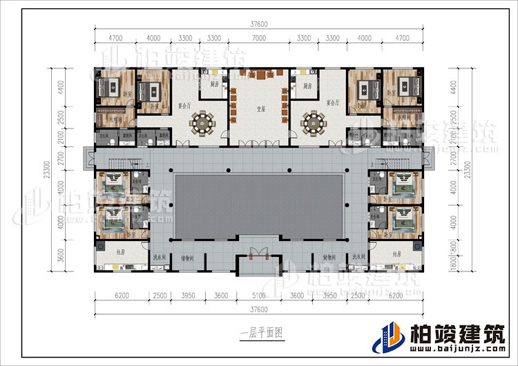 一層：2儲(chǔ)物間、2洗衣間、2灶房、8臥室、2衣帽間、2公衛(wèi)、6內(nèi)衛(wèi)、2廚房、2宴會(huì)廳、堂屋