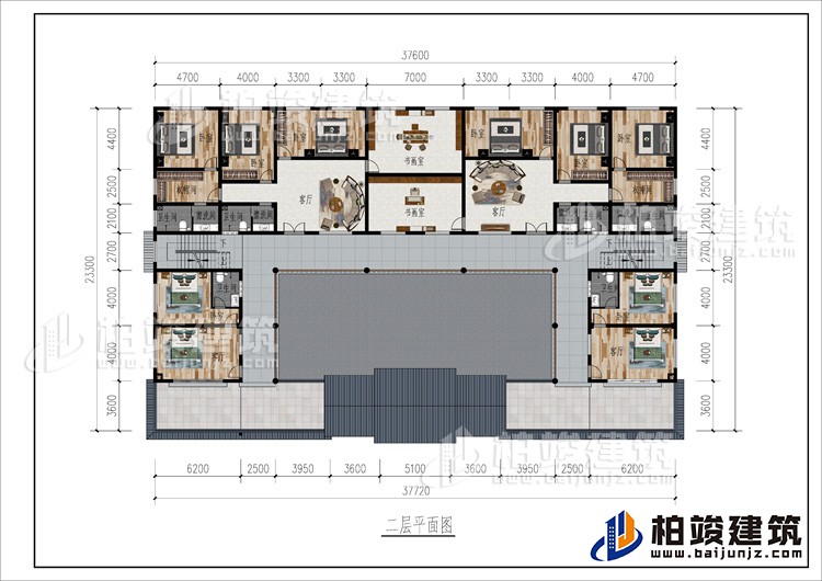 二層：2客廳、2書畫室、公衛(wèi)、10臥室、2衣帽間、4內(nèi)衛(wèi)、2露臺(tái)