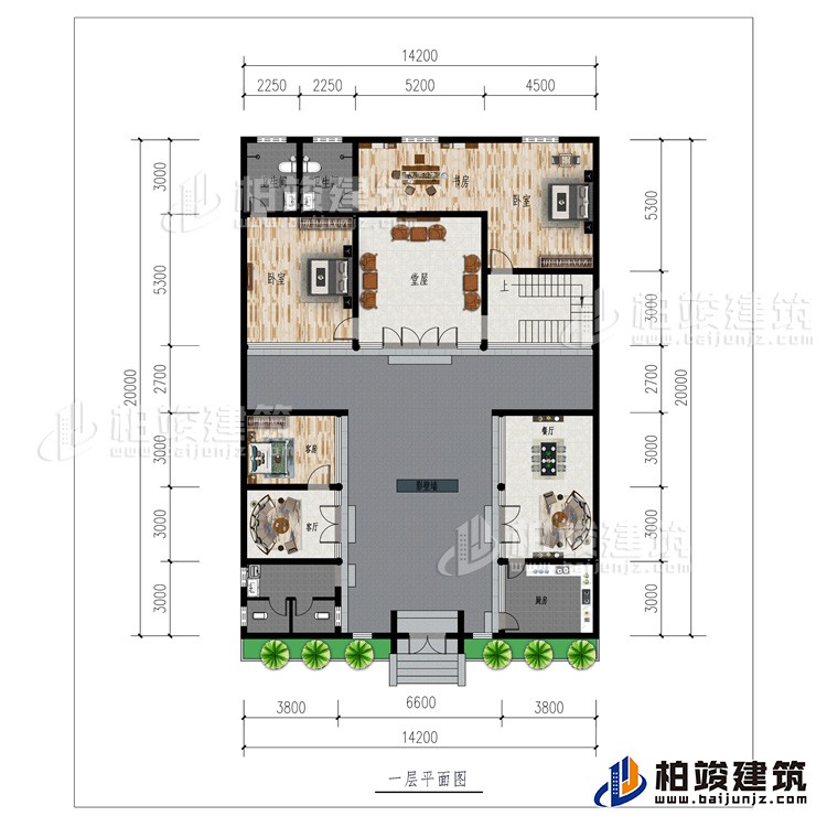 一層：廚房、2客廳、餐廳、公衛(wèi)、3臥室、影壁墻、堂屋、書房、2內(nèi)衛(wèi)