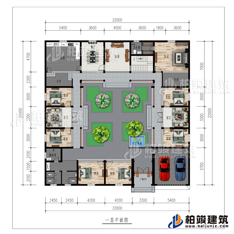 一層：廣亮大門(mén)、車(chē)庫(kù)、書(shū)房、公衛(wèi)、7臥室、2客廳、餐廳、廚房、堂屋、2天井、內(nèi)衛(wèi)、荷花魚(yú)池