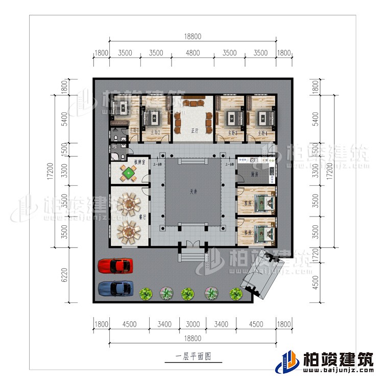 一層：車庫(kù)、餐廳、棋牌室、廚房、正廳、6臥室、公衛(wèi)、內(nèi)衛(wèi)