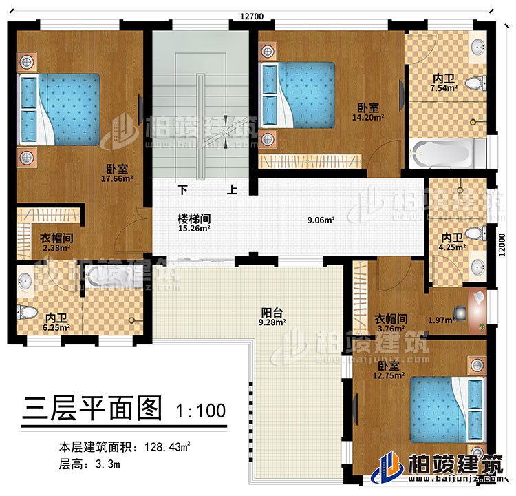 三層：樓梯間、3臥室、2衣帽間、3內(nèi)衛(wèi)、陽臺(tái)