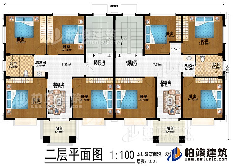 二層：2樓梯間、2起居室、2洗漱間、8臥室、2公衛(wèi)、2陽臺(tái)