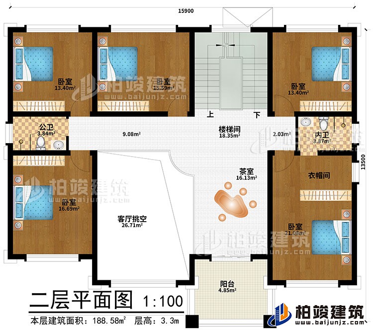 二層：客廳挑空、茶室、樓梯間、5臥室、衣帽間、內(nèi)衛(wèi)、公衛(wèi)、陽臺