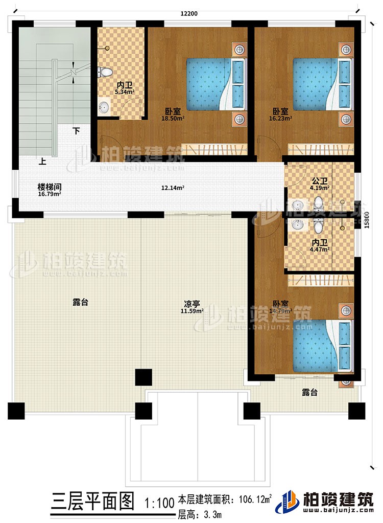 三層：樓梯間、3臥室、2內(nèi)衛(wèi)、公衛(wèi)、涼亭、2露臺