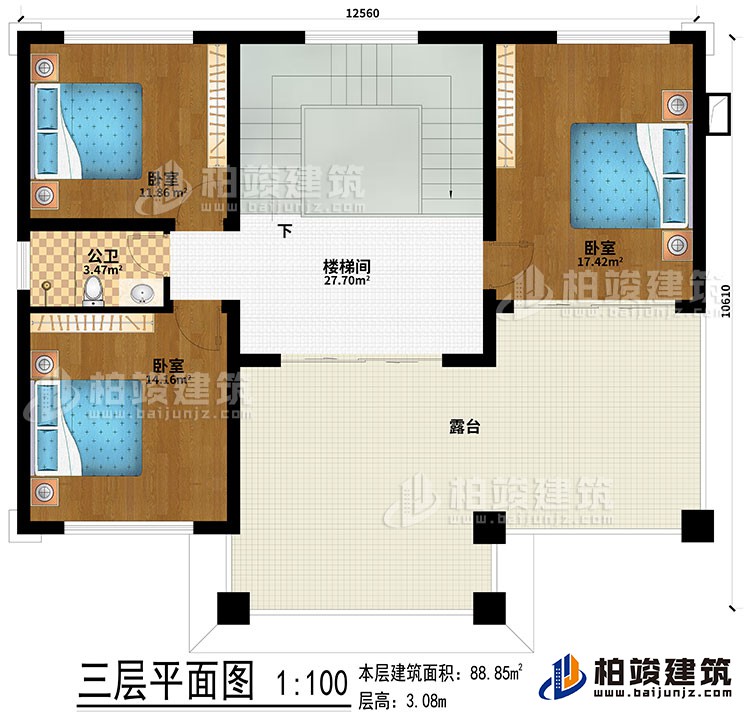 三層：樓梯間、3臥室、露臺、公衛(wèi)