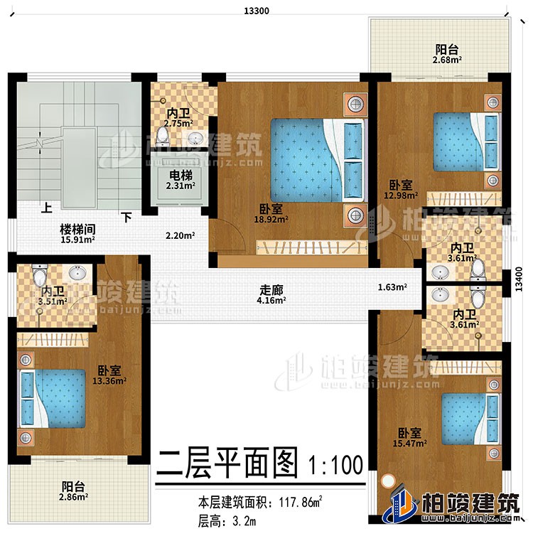 二層：走廊、4臥室、4內(nèi)衛(wèi)、2陽臺、樓梯間、電梯
