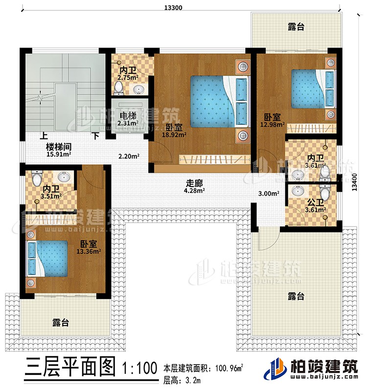 三層：走廊、3臥室、3內(nèi)衛(wèi)、3露臺、樓梯間、電梯、公衛(wèi)