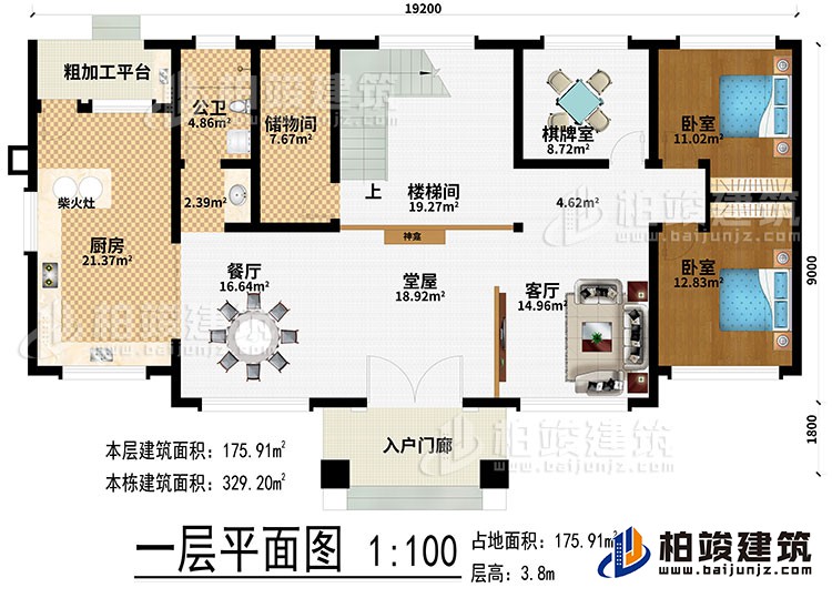 一層：入戶門(mén)廊、堂屋、神龕、客廳、餐廳、廚房、柴火灶、粗加工平臺(tái)、儲(chǔ)物間、樓梯間、棋牌室、2臥室、公衛(wèi)