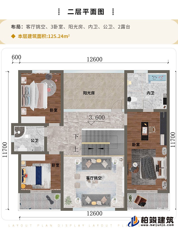 二層：客廳挑空、3臥室、陽光房、內(nèi)衛(wèi)、公衛(wèi)、2露臺
