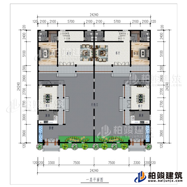 一層：月亮門(mén)、2廚房、2影壁、2餐廳、2客廳、2臥室、2衣柜、2內(nèi)衛(wèi)、2魚(yú)池