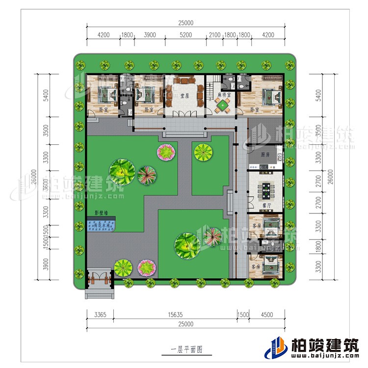 一層：影壁墻、花園、堂屋、廚房、餐廳、5臥室、2公衛(wèi)、2內(nèi)衛(wèi)、麻將室
