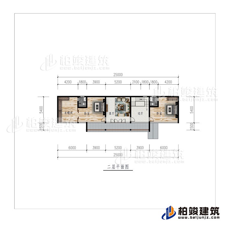 二層：過(guò)廳、客廳、衣帽間、2臥室