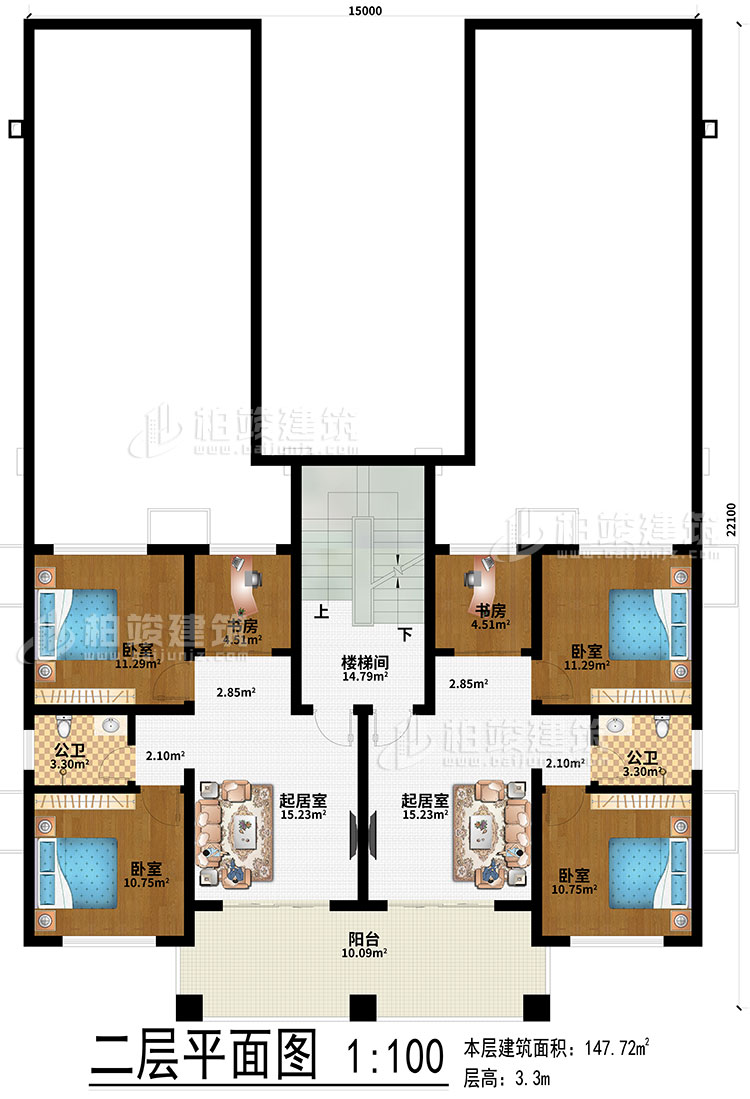 二層：2起居室、2書房、4臥室、2公衛(wèi)、樓梯間、陽臺