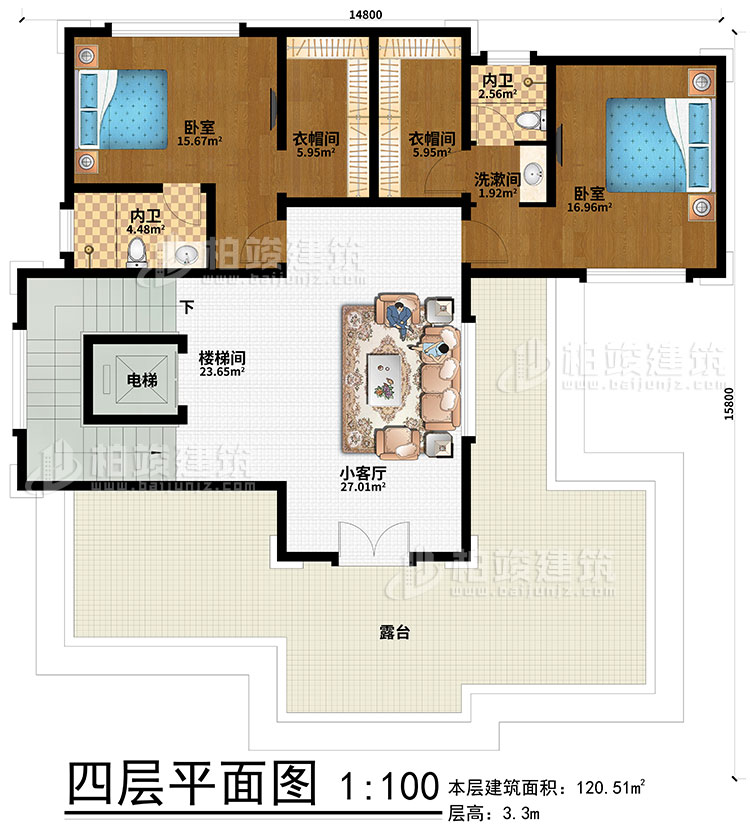 四層：2臥室、2衣帽間、2內(nèi)衛(wèi)、樓梯間、電梯、小客廳、露臺