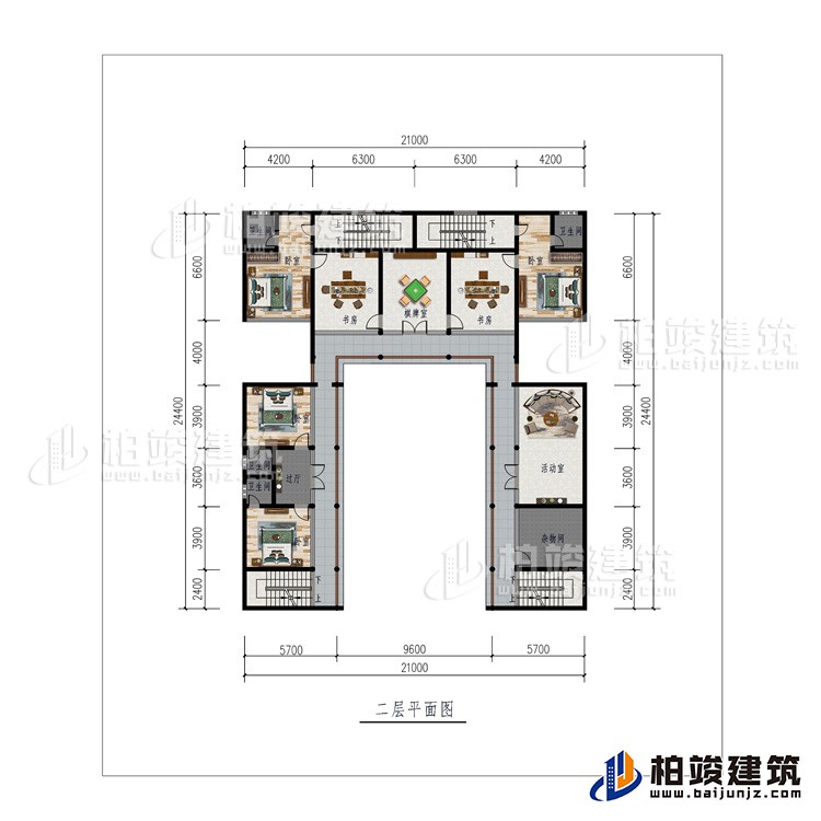 二層：棋牌室、2書房、活動室、雜物間、4臥室、4內衛(wèi)、過廊