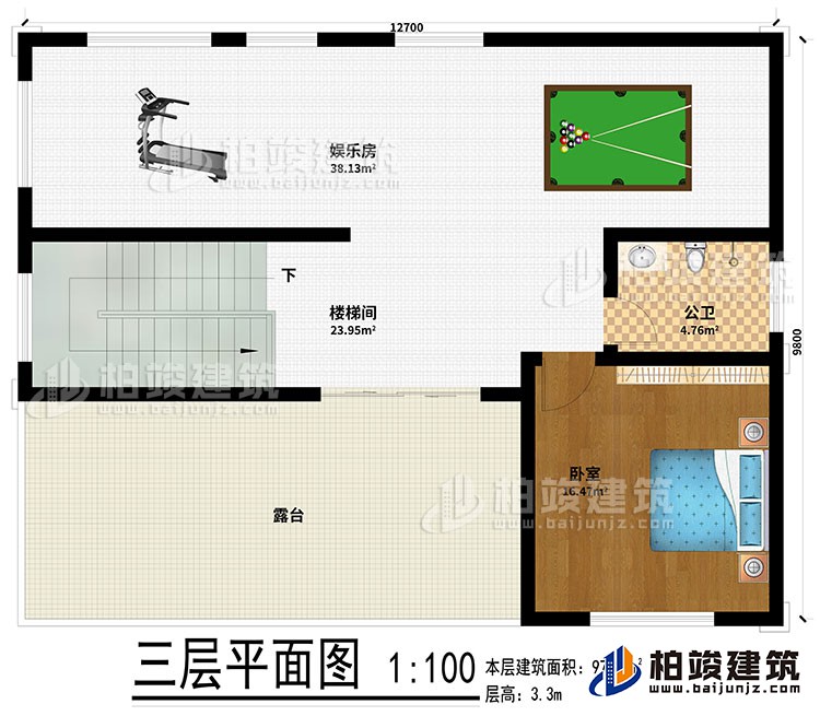 三層：娛樂室、樓梯間、公衛(wèi)、臥室、露臺(tái)