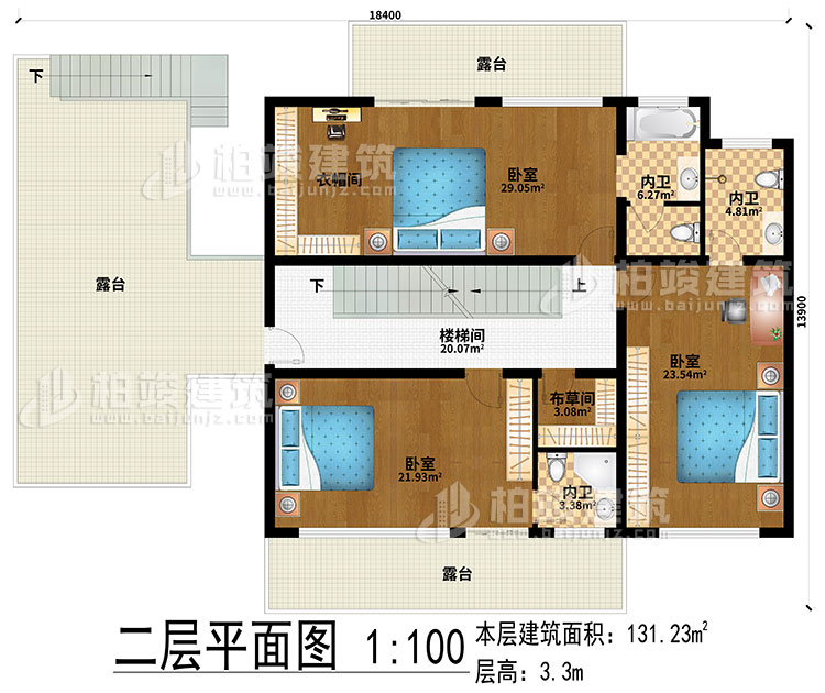 二層：樓梯間、3臥室、衣帽間、布草間、3內(nèi)衛(wèi)、3露臺