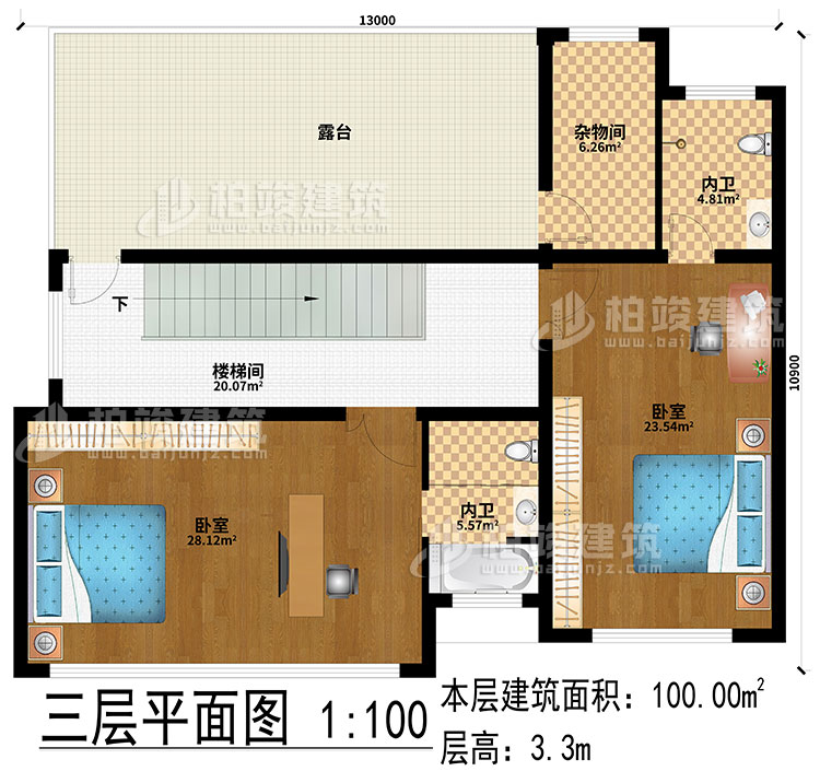 三層：2臥室、樓梯間、露臺、2內(nèi)衛(wèi)、雜物間