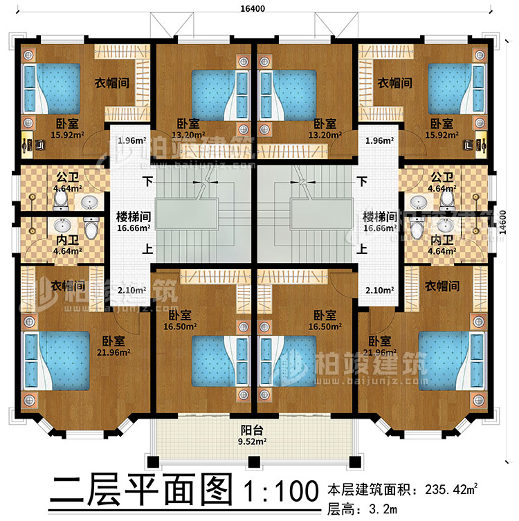 二層：2樓梯間、8臥室、4衣帽間、2公衛(wèi)、2內(nèi)衛(wèi)、陽臺
