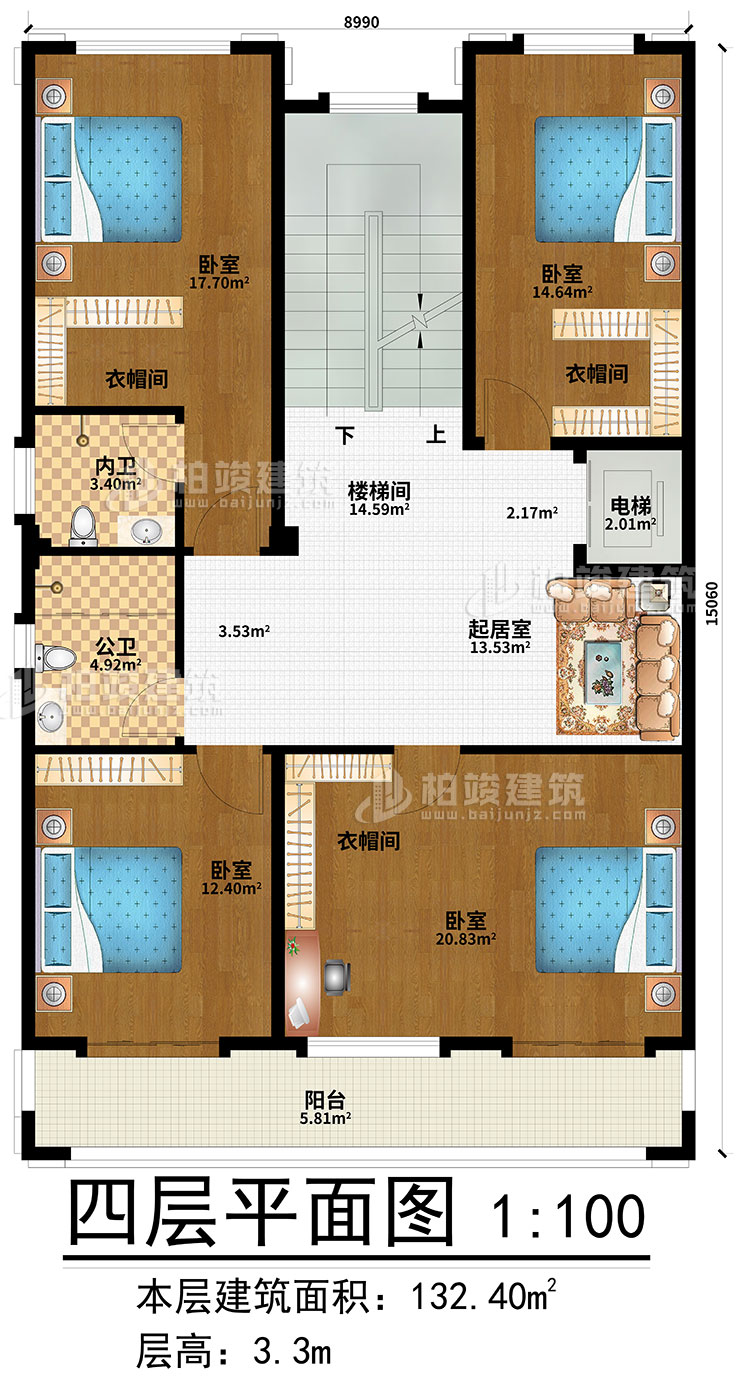 四層：起居室、樓梯間、4臥室、3衣帽間、公衛(wèi)、內衛(wèi)、電梯、陽臺