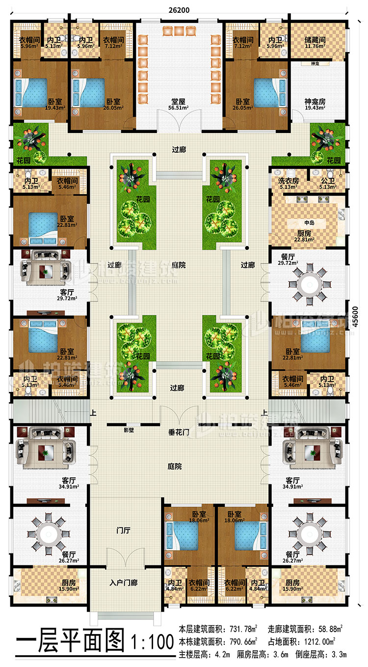一層：入戶門廊、門廳、3餐廳、3廚房、3客廳、堂屋、神龕、神龕房、儲(chǔ)物間、6花園、4過廊、2庭院、影壁、垂花門、中島、洗衣房、公衛(wèi)、8臥室、8衣帽間、8內(nèi)衛(wèi)