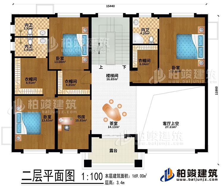 二層：茶室、樓梯間、客廳上空、3臥室、3衣帽間、書(shū)房、3內(nèi)衛(wèi)、露臺(tái)