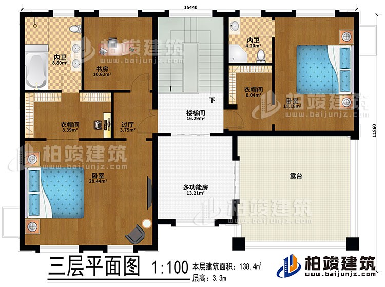 三層：2臥室、2衣帽間、過(guò)廳、書(shū)房、2內(nèi)衛(wèi)、多功能房、樓梯間、露臺(tái)