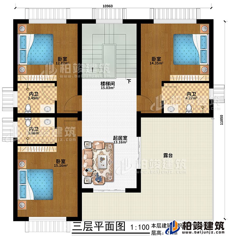 三層：起居室、樓梯間、3臥室、3內(nèi)衛(wèi)、露臺