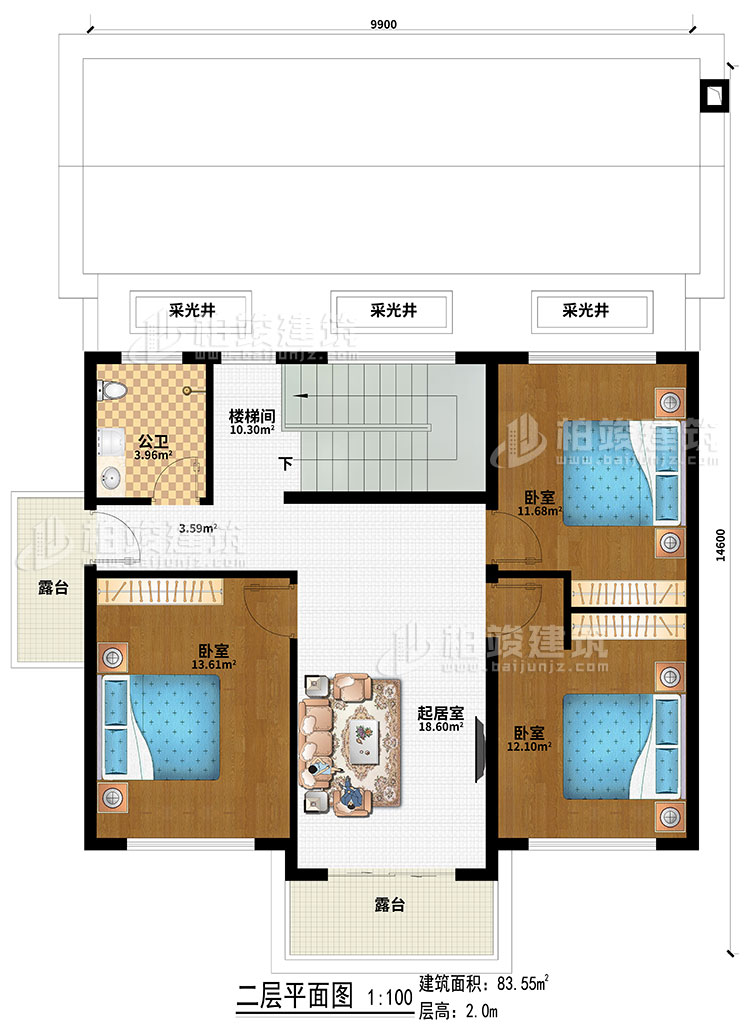 二層：3采光井、樓梯間、起居室、3臥室、2露臺