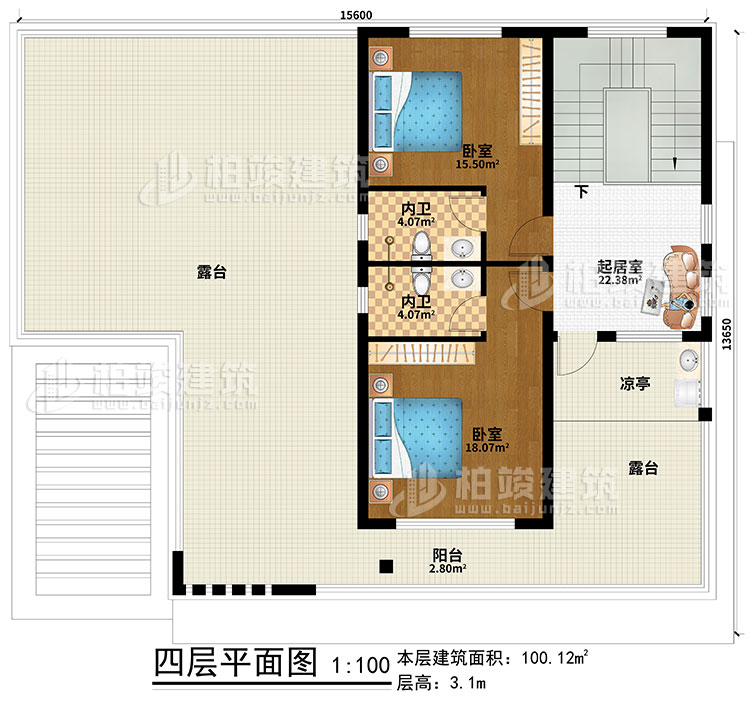 四層：起居室、2臥室、2內(nèi)衛(wèi)、涼亭、陽臺、2露臺