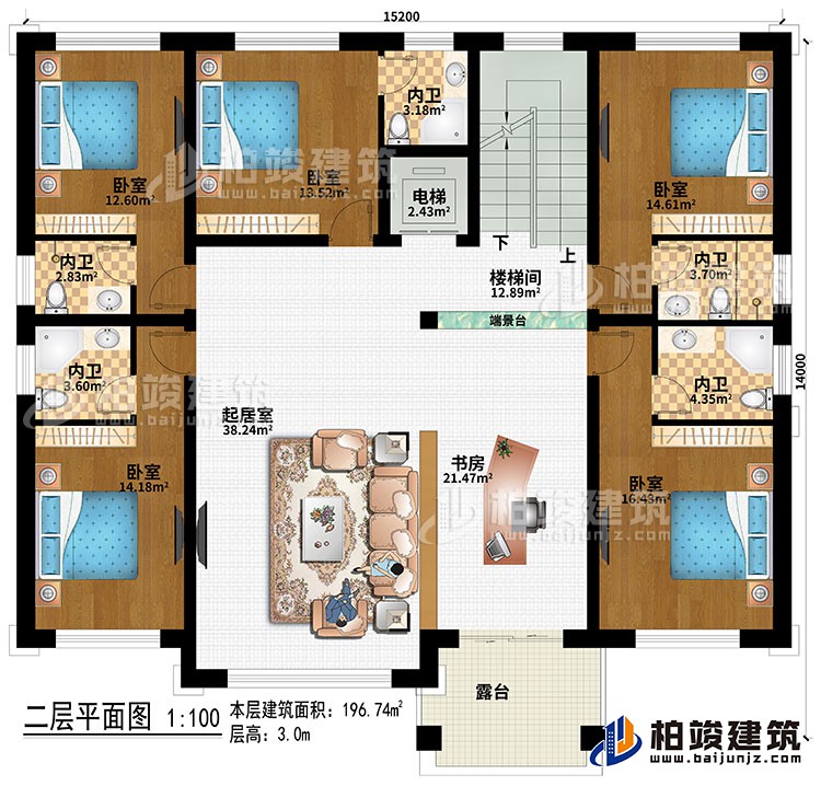 二層：樓梯間、端景臺、起居室、書房、5臥室、電梯、5內(nèi)衛(wèi)、露臺